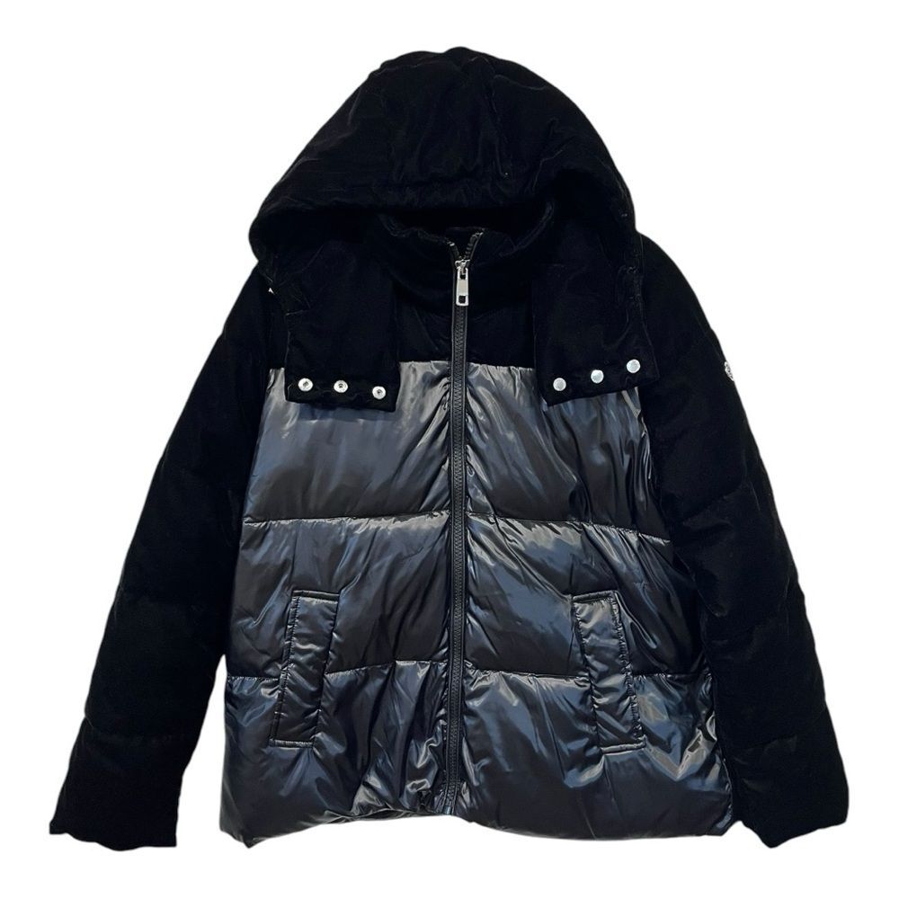 NWOT Calvin‎ Klein | Black Shiny Suede Hood Plush Warm Full Zip Jacket Coat L
